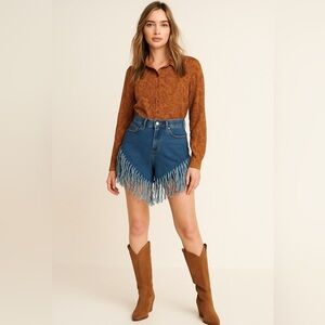 Fashion Nova Denim Fringe High Waisted Shorts Small